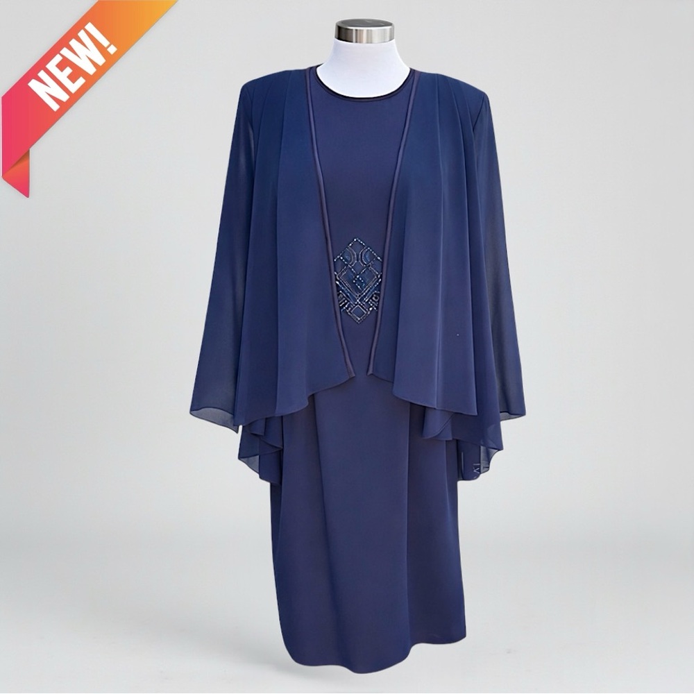 Elegant Navy Blue Dress with Cape Overlay
